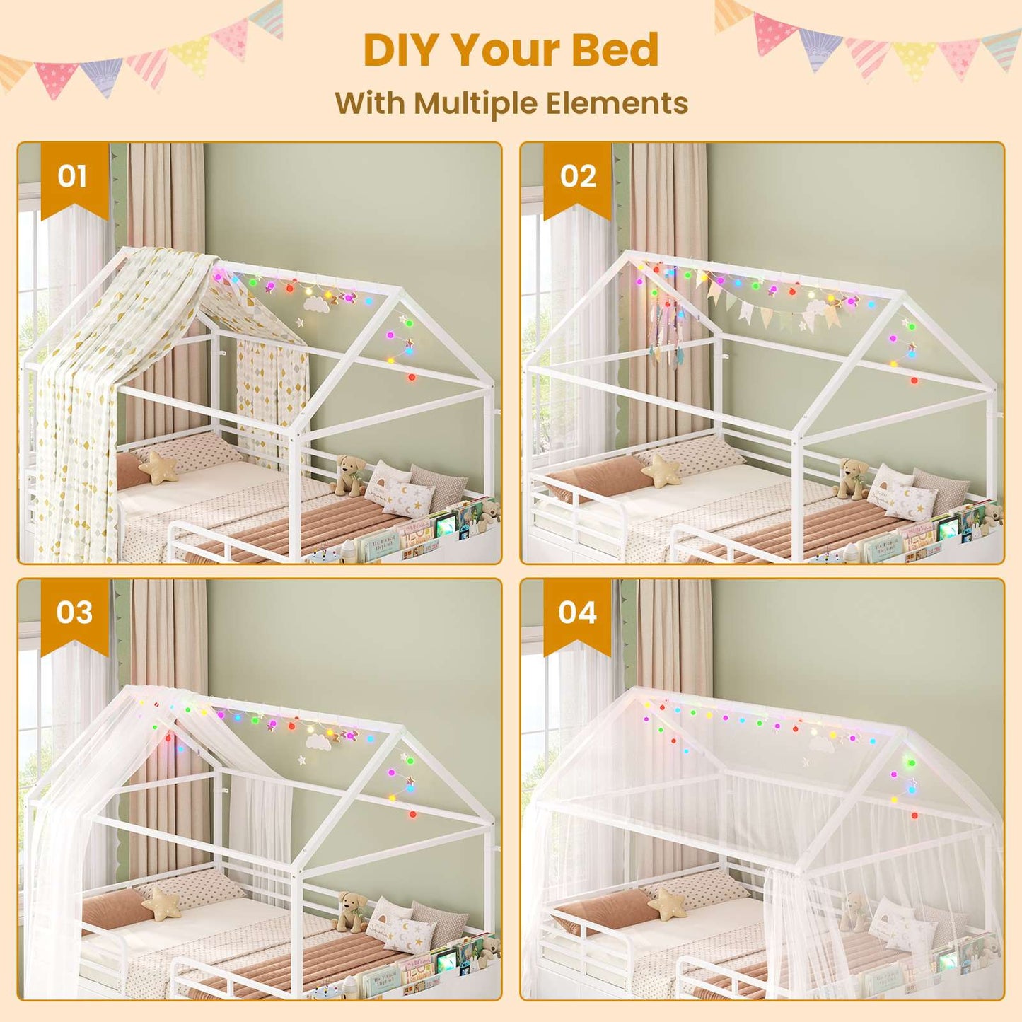 ADORNEVE Full Bed Frame with 6 Drawers and Safety Guardrail Metal House Bed with Inclined Ladder