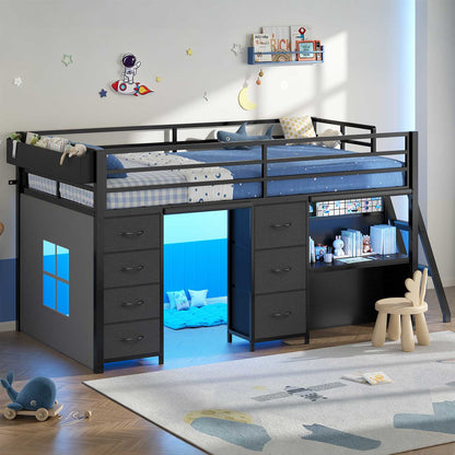 ADORNEVE Low Loft Bed Twin Size with 7 Storage Drawers and Desk Kids LED Loft Bed with Safety Guardrail and Under-Bed Play Space Private Play Curtain