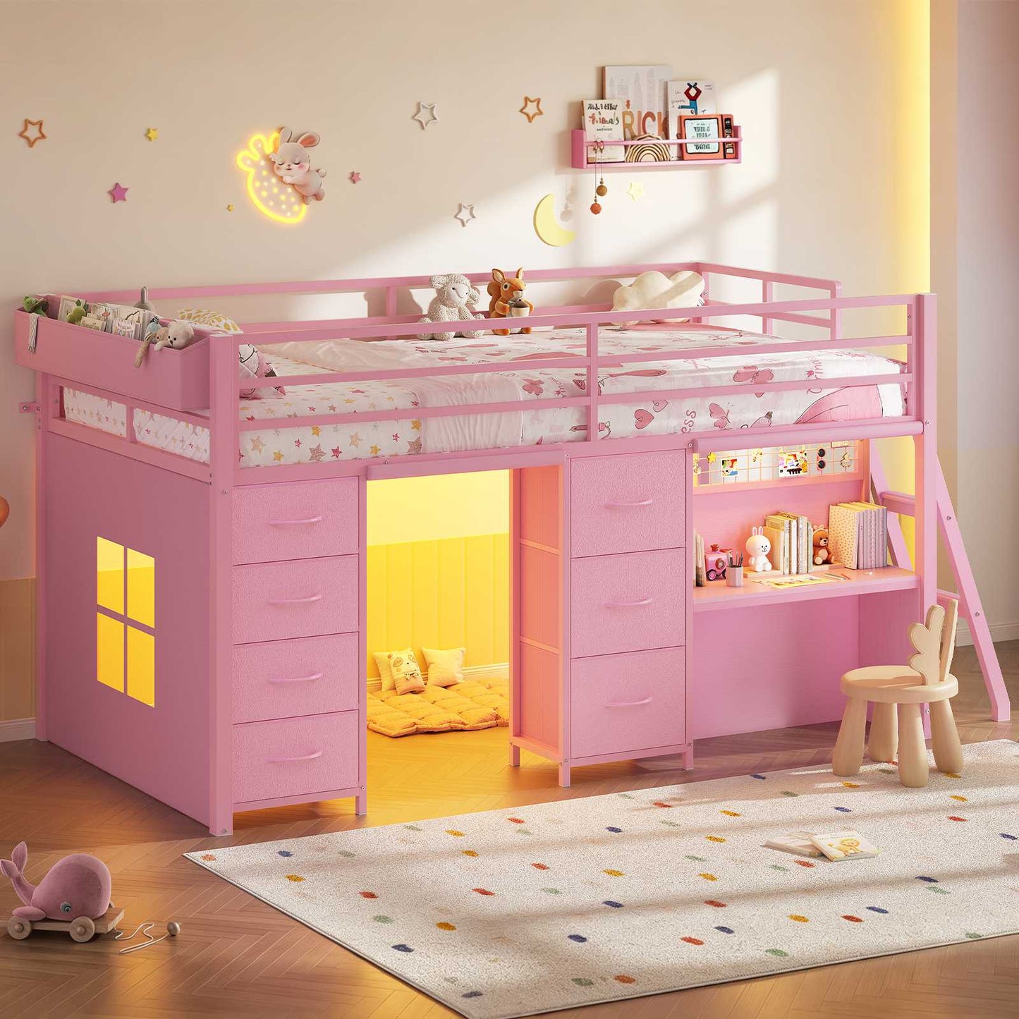 ADORNEVE Low Loft Bed Twin Size with 7 Storage Drawers and Desk Kids LED Loft Bed with Safety Guardrail and Under-Bed Play Space Private Play Curtain