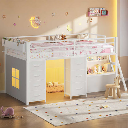 ADORNEVE Low Loft Bed Twin Size with 7 Storage Drawers and Desk Kids LED Loft Bed with Safety Guardrail and Under-Bed Play Space Private Play Curtain