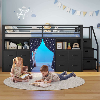 ADORNEVE Low Loft Bed Twin Size with Desk and 11 Storage Drawers LED Loft Bed with Bookshelf and Under-Bed Play Space Metal Kids Loft Bed with Safety Guardrail