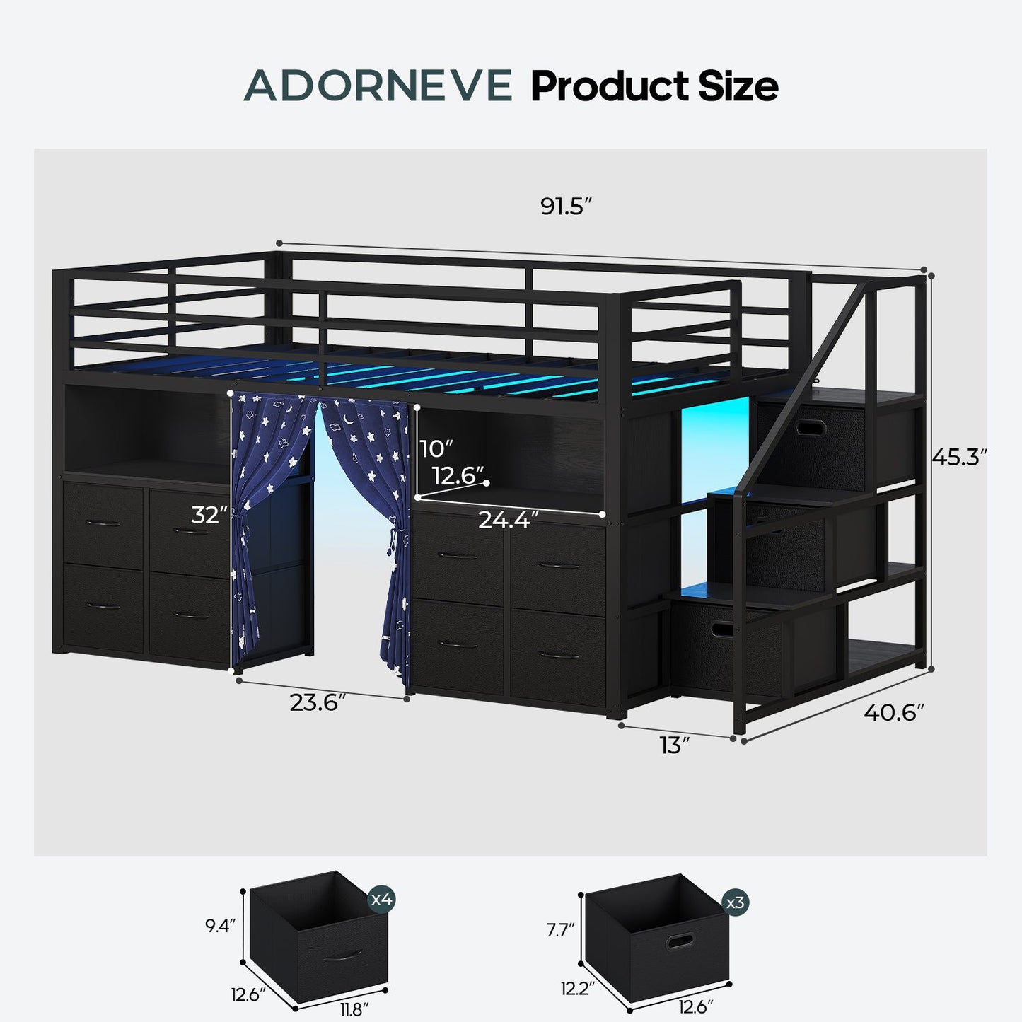 ADORNEVE Low Loft Bed Twin Size with Desk and 11 Storage Drawers LED Loft Bed with Bookshelf and Under-Bed Play Space Metal Kids Loft Bed with Safety Guardrail