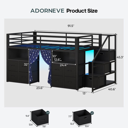ADORNEVE Low Loft Bed Twin Size with Desk and 11 Storage Drawers LED Loft Bed with Bookshelf and Under-Bed Play Space Metal Kids Loft Bed with Safety Guardrail