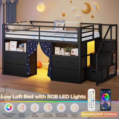 ADORNEVE Low Loft Bed Twin Size with Desk and 11 Storage Drawers LED Loft Bed with Bookshelf and Under-Bed Play Space Metal Kids Loft Bed with Safety Guardrail