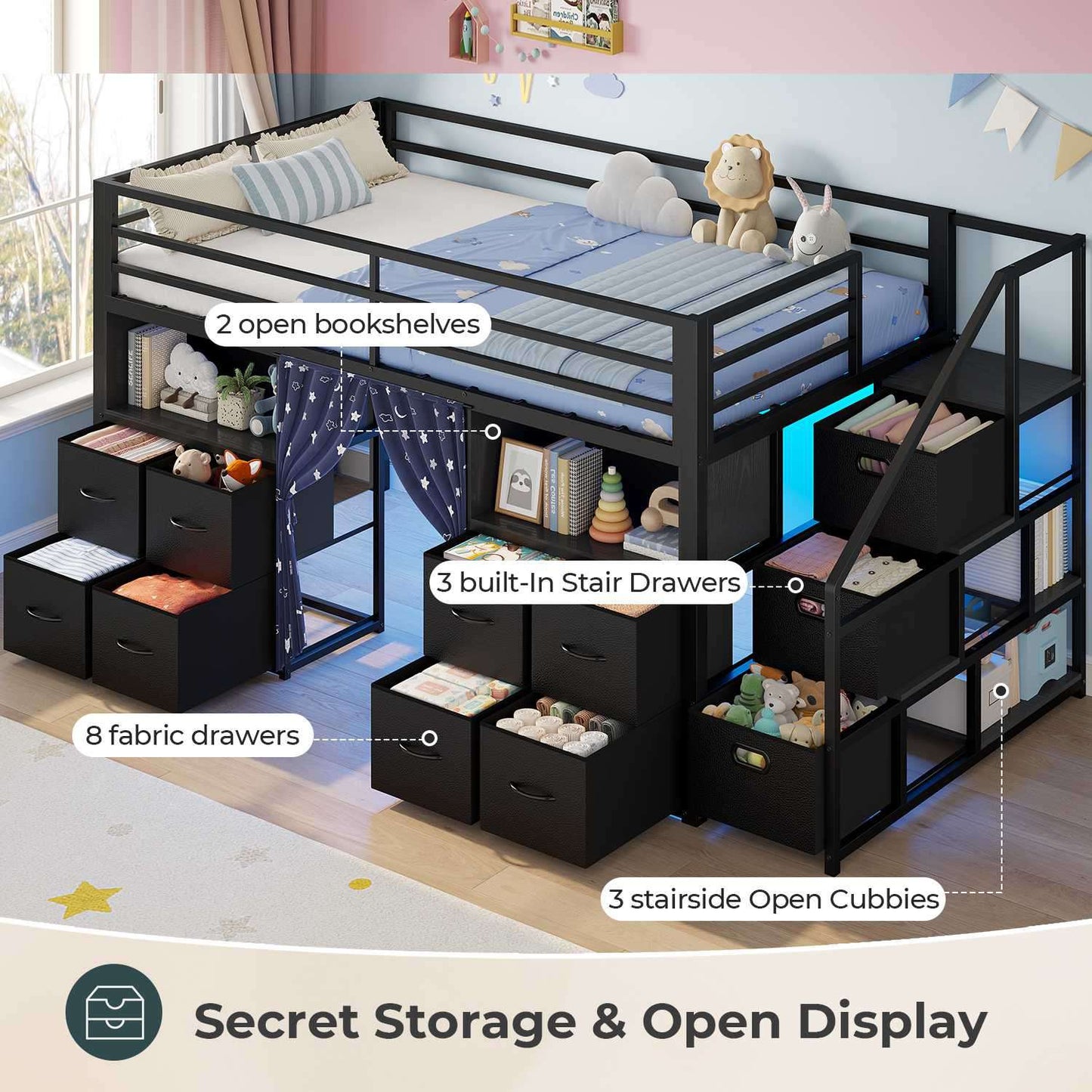 ADORNEVE Low Loft Bed Twin Size with Desk and 11 Storage Drawers LED Loft Bed with Bookshelf and Under-Bed Play Space Metal Kids Loft Bed with Safety Guardrail