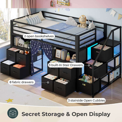 ADORNEVE Low Loft Bed Twin Size with Desk and 11 Storage Drawers LED Loft Bed with Bookshelf and Under-Bed Play Space Metal Kids Loft Bed with Safety Guardrail