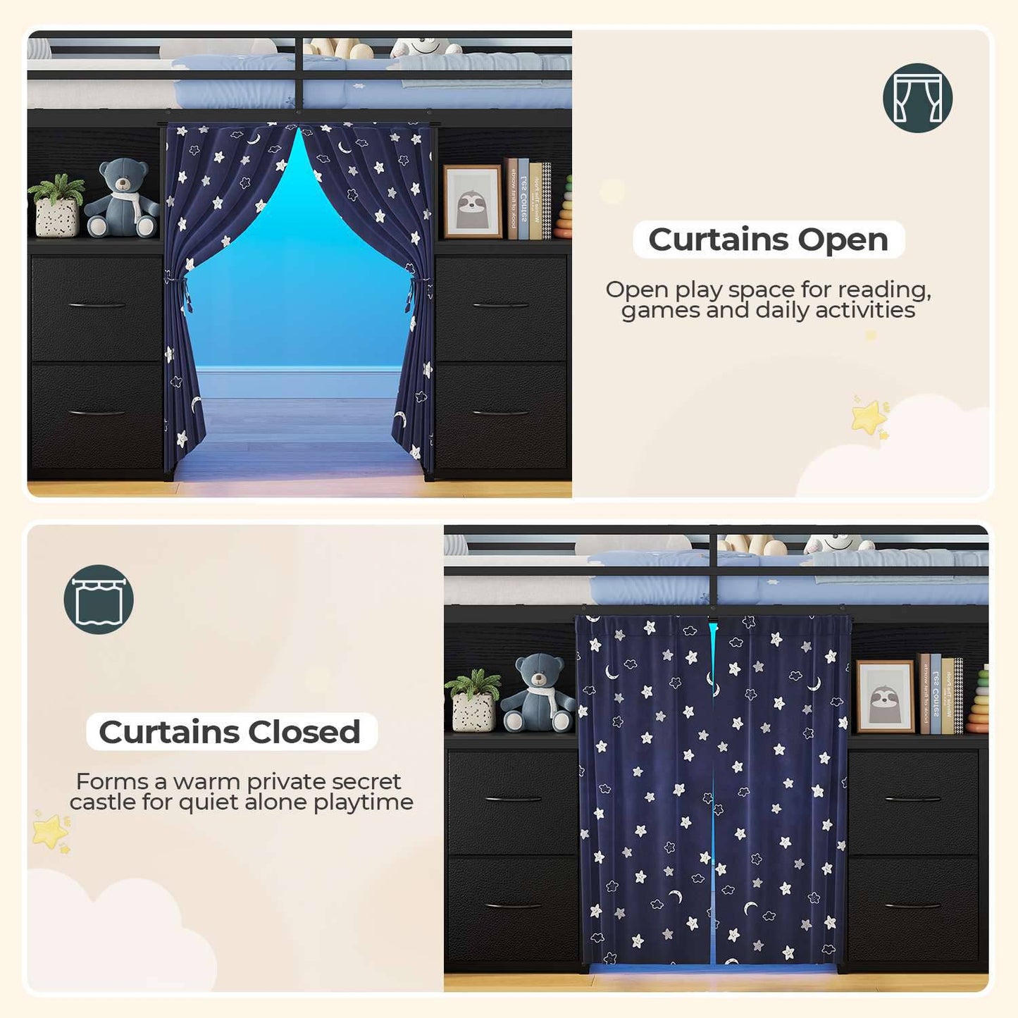 ADORNEVE Low Loft Bed Twin Size with Desk and 11 Storage Drawers LED Loft Bed with Bookshelf and Under-Bed Play Space Metal Kids Loft Bed with Safety Guardrail