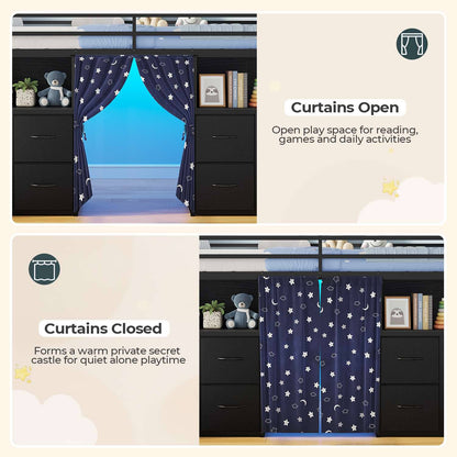 ADORNEVE Low Loft Bed Twin Size with Desk and 11 Storage Drawers LED Loft Bed with Bookshelf and Under-Bed Play Space Metal Kids Loft Bed with Safety Guardrail