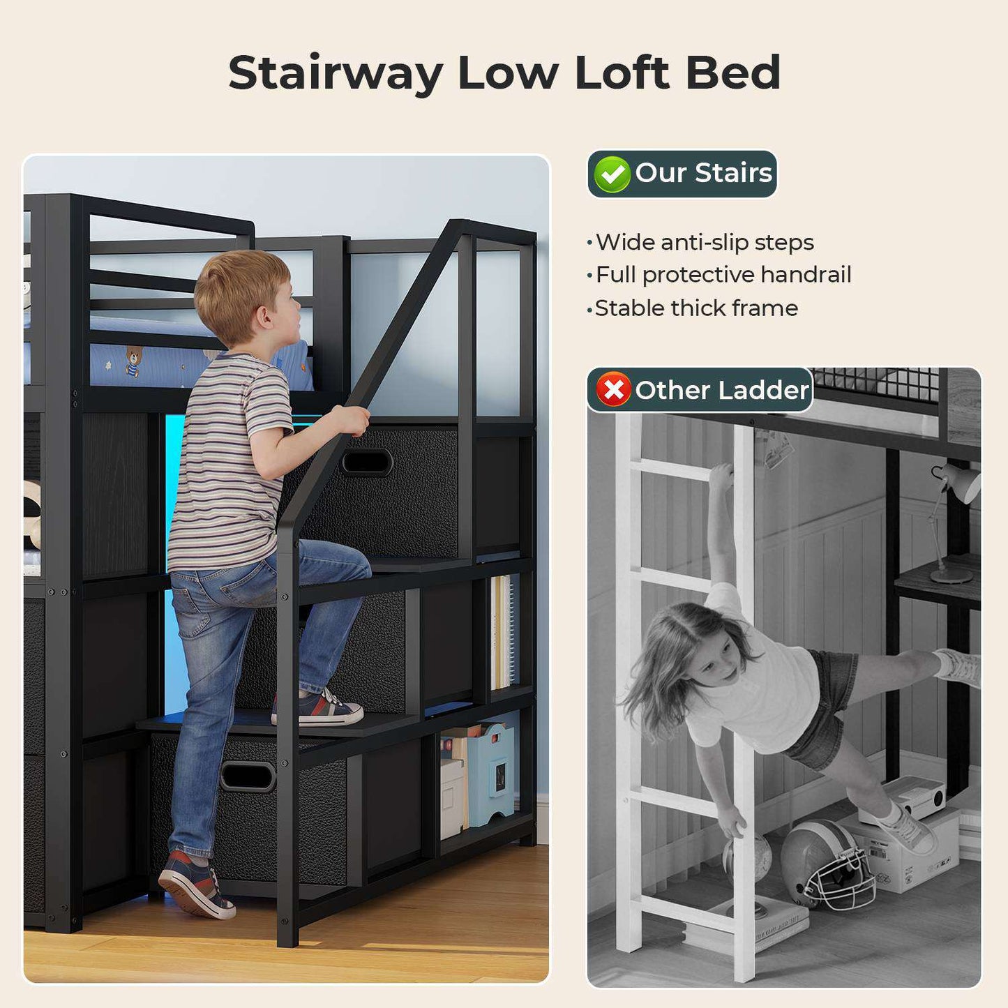 ADORNEVE Low Loft Bed Twin Size with Desk and 11 Storage Drawers LED Loft Bed with Bookshelf and Under-Bed Play Space Metal Kids Loft Bed with Safety Guardrail
