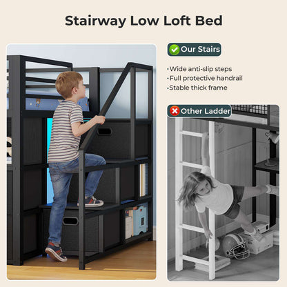 ADORNEVE Low Loft Bed Twin Size with Desk and 11 Storage Drawers LED Loft Bed with Bookshelf and Under-Bed Play Space Metal Kids Loft Bed with Safety Guardrail