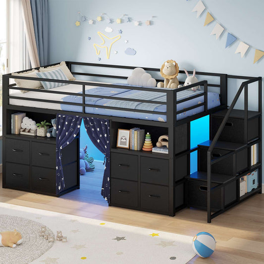 ADORNEVE Low Loft Bed Twin Size with Desk and 11 Storage Drawers LED Loft Bed with Bookshelf and Under-Bed Play Space Metal Kids Loft Bed with Safety Guardrail
