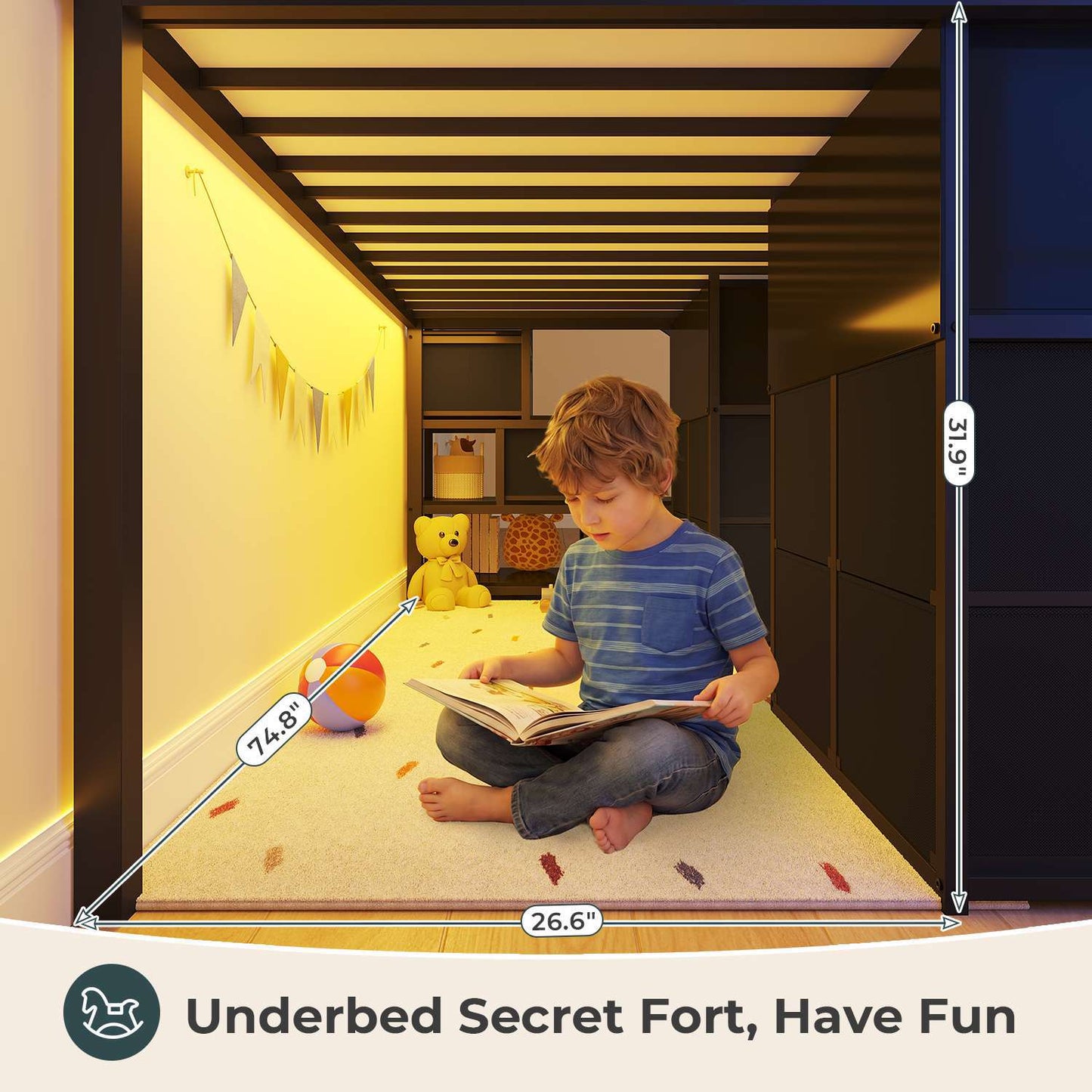 ADORNEVE Low Loft Bed Twin Size with Desk and 11 Storage Drawers LED Loft Bed with Bookshelf and Under-Bed Play Space Metal Kids Loft Bed with Safety Guardrail