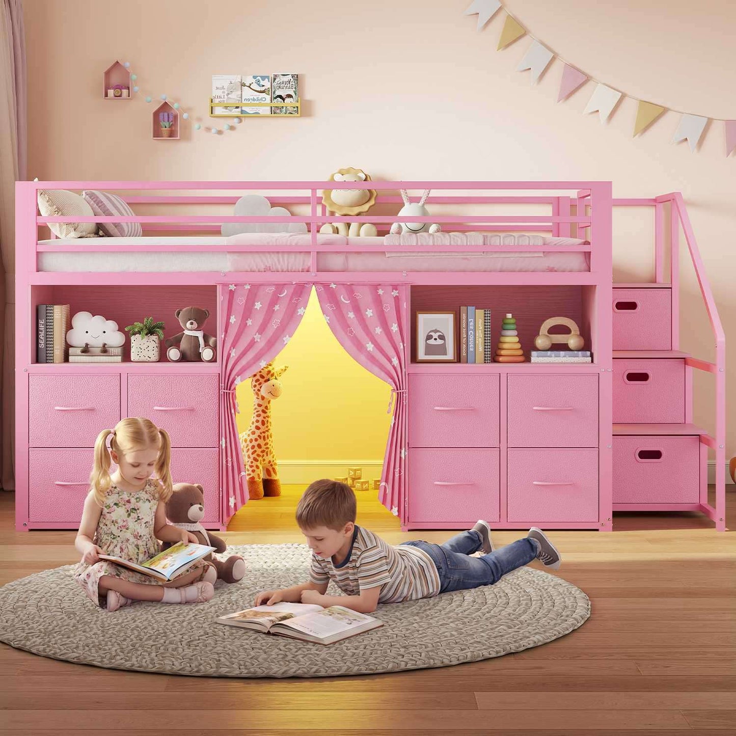 ADORNEVE Low Loft Bed Twin Size with Desk and 11 Storage Drawers LED Loft Bed with Bookshelf and Under-Bed Play Space Metal Kids Loft Bed with Safety Guardrail