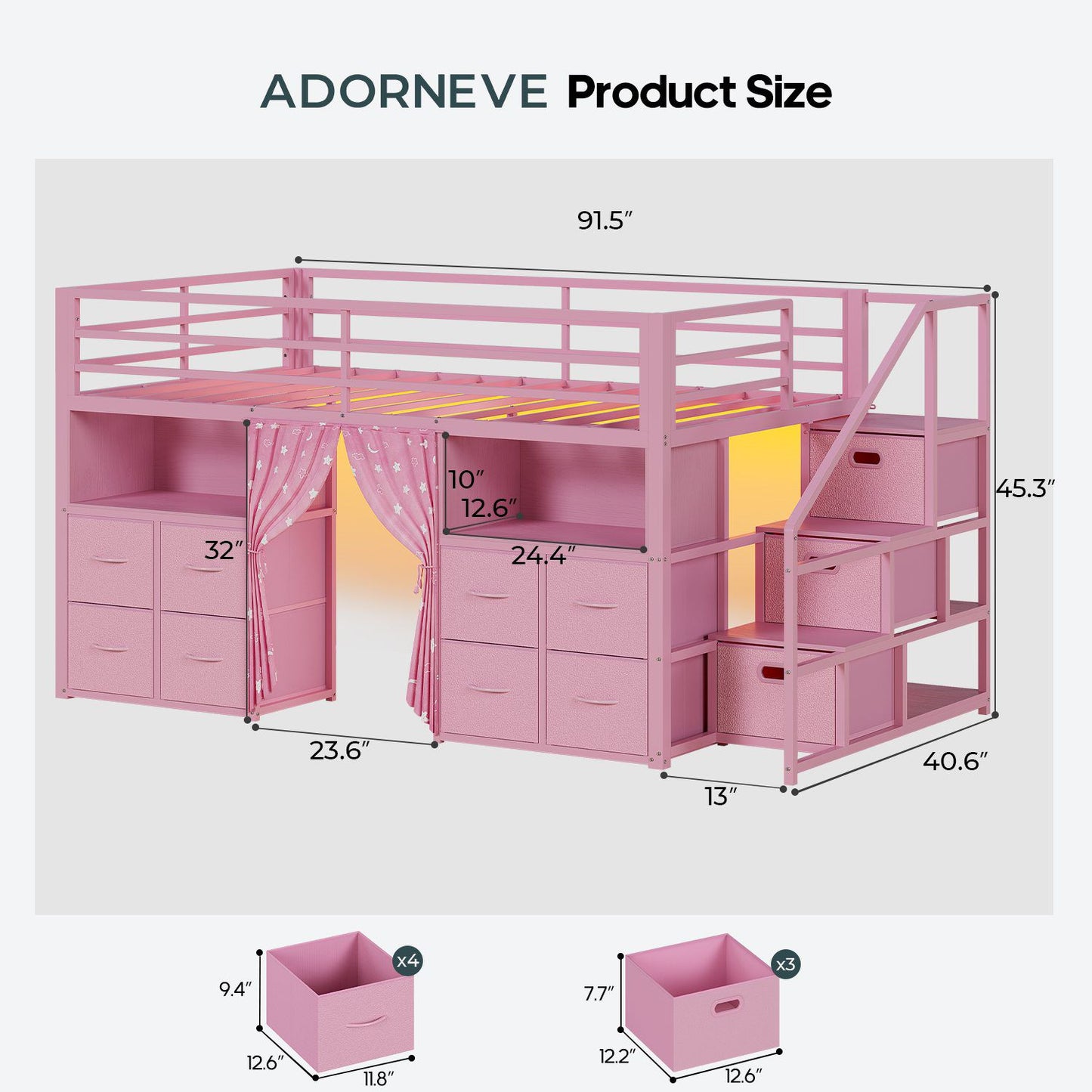 ADORNEVE Low Loft Bed Twin Size with Desk and 11 Storage Drawers LED Loft Bed with Bookshelf and Under-Bed Play Space Metal Kids Loft Bed with Safety Guardrail