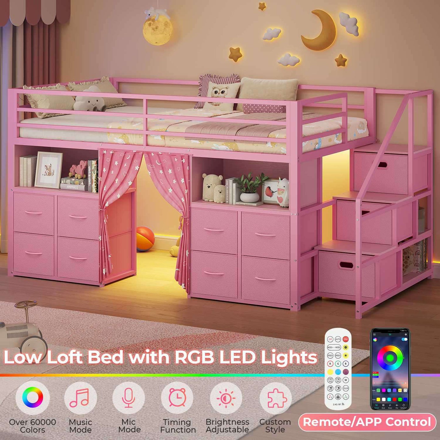 ADORNEVE Low Loft Bed Twin Size with Desk and 11 Storage Drawers LED Loft Bed with Bookshelf and Under-Bed Play Space Metal Kids Loft Bed with Safety Guardrail
