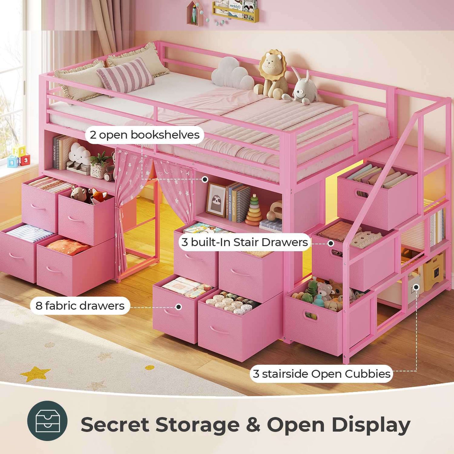 ADORNEVE Low Loft Bed Twin Size with Desk and 11 Storage Drawers LED Loft Bed with Bookshelf and Under-Bed Play Space Metal Kids Loft Bed with Safety Guardrail