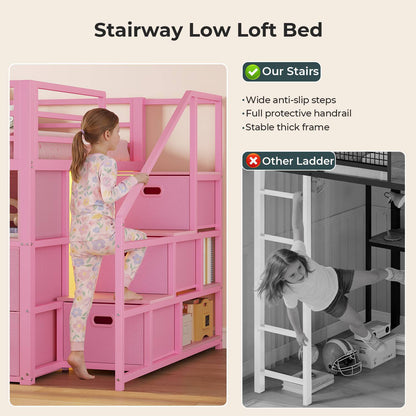 ADORNEVE Low Loft Bed Twin Size with Desk and 11 Storage Drawers LED Loft Bed with Bookshelf and Under-Bed Play Space Metal Kids Loft Bed with Safety Guardrail