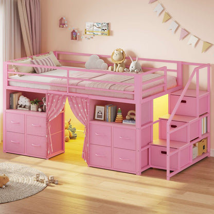 ADORNEVE Low Loft Bed Twin Size with Desk and 11 Storage Drawers LED Loft Bed with Bookshelf and Under-Bed Play Space Metal Kids Loft Bed with Safety Guardrail