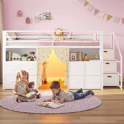 ADORNEVE Low Loft Bed Twin Size with Desk and 11 Storage Drawers LED Loft Bed with Bookshelf and Under-Bed Play Space Metal Kids Loft Bed with Safety Guardrail