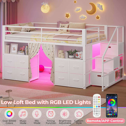 ADORNEVE Low Loft Bed Twin Size with Desk and 11 Storage Drawers LED Loft Bed with Bookshelf and Under-Bed Play Space Metal Kids Loft Bed with Safety Guardrail