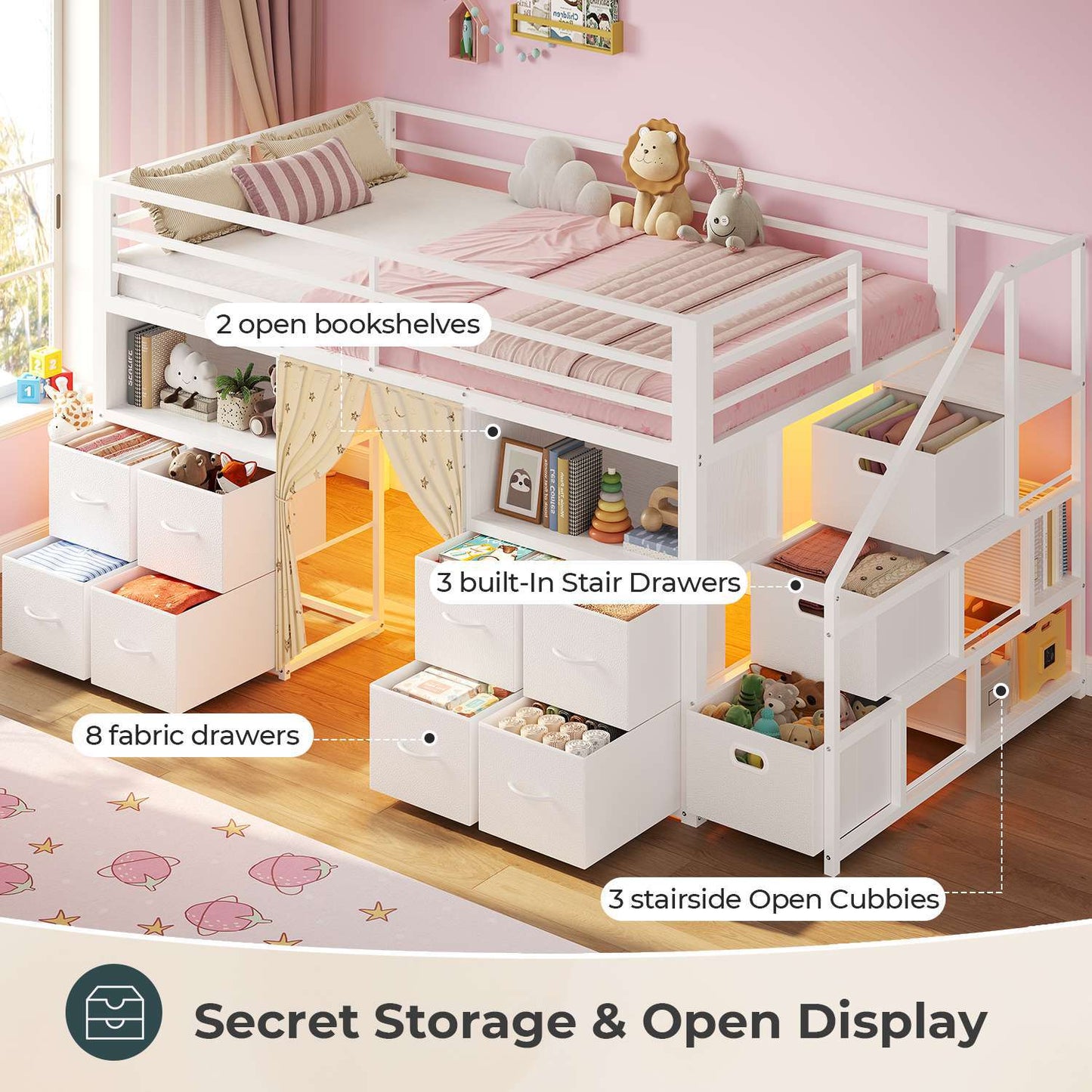ADORNEVE Low Loft Bed Twin Size with Desk and 11 Storage Drawers LED Loft Bed with Bookshelf and Under-Bed Play Space Metal Kids Loft Bed with Safety Guardrail