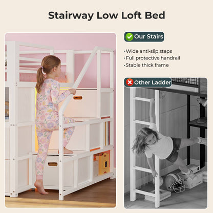 ADORNEVE Low Loft Bed Twin Size with Desk and 11 Storage Drawers LED Loft Bed with Bookshelf and Under-Bed Play Space Metal Kids Loft Bed with Safety Guardrail