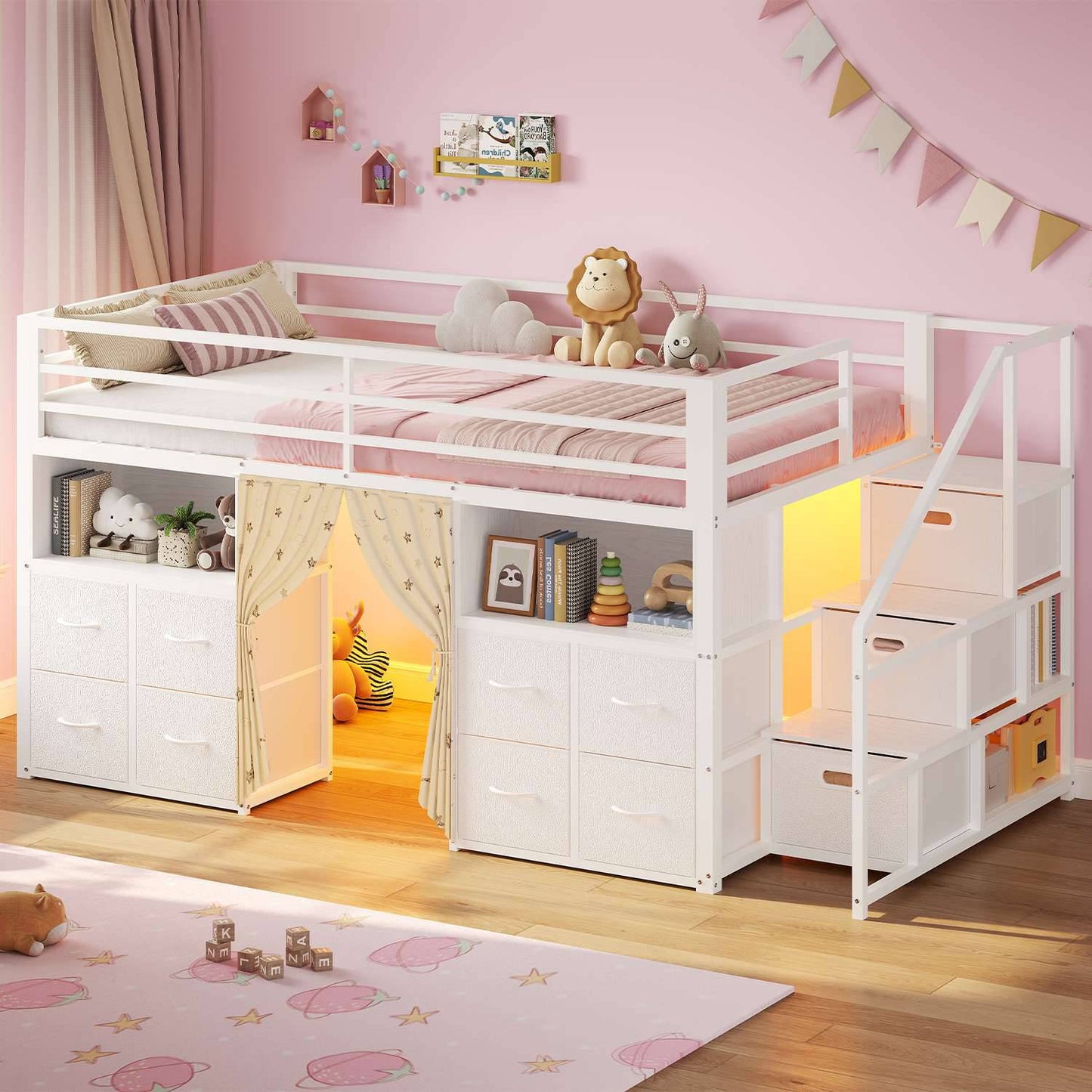 ADORNEVE Low Loft Bed Twin Size with Desk and 11 Storage Drawers LED Loft Bed with Bookshelf and Under-Bed Play Space Metal Kids Loft Bed with Safety Guardrail
