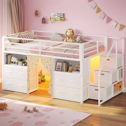 ADORNEVE Low Loft Bed Twin Size with Desk and 11 Storage Drawers LED Loft Bed with Bookshelf and Under-Bed Play Space Metal Kids Loft Bed with Safety Guardrail