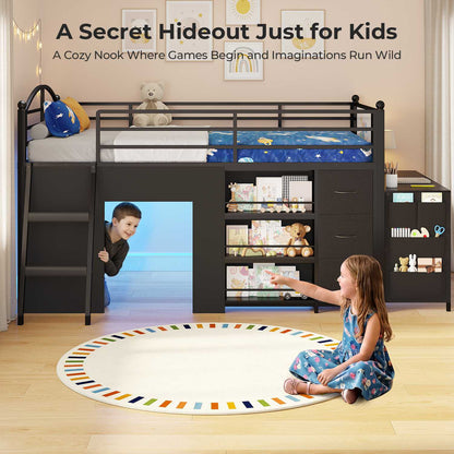 ADORNEVE Low Loft Bed with Desk and 5 Storage Drawers Twin Loft Bed with Bookshelf and Blackboard Kids LED Loft Beds with Safety Guardrail and Inclined Ladder Under-Bed Play Space