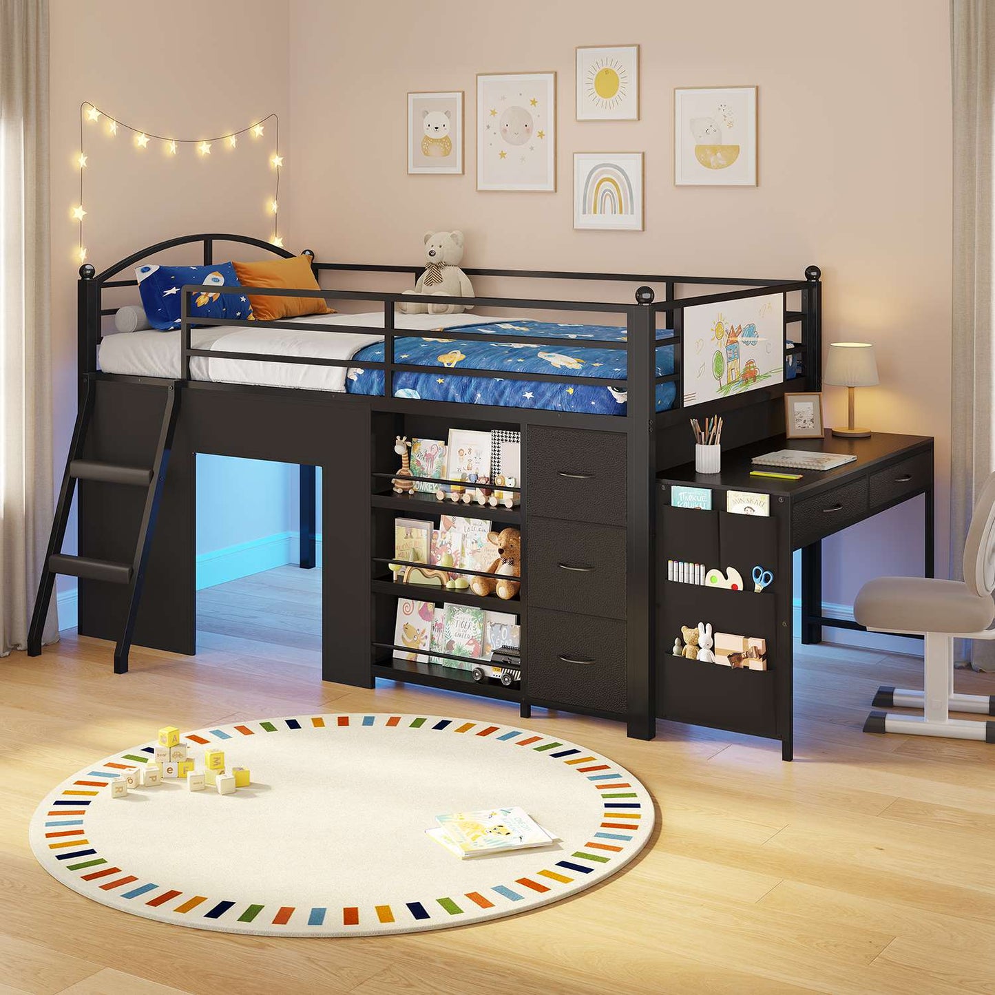ADORNEVE Low Loft Bed with Desk and 5 Storage Drawers Twin Loft Bed with Bookshelf and Blackboard Kids LED Loft Beds with Safety Guardrail and Inclined Ladder Under-Bed Play Space