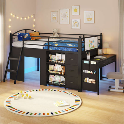 ADORNEVE Low Loft Bed with Desk and 5 Storage Drawers Twin Loft Bed with Bookshelf and Blackboard Kids LED Loft Beds with Safety Guardrail and Inclined Ladder Under-Bed Play Space