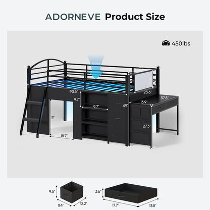 ADORNEVE Low Loft Bed with Desk and 5 Storage Drawers Twin Loft Bed with Bookshelf and Blackboard Kids LED Loft Beds with Safety Guardrail and Inclined Ladder Under-Bed Play Space