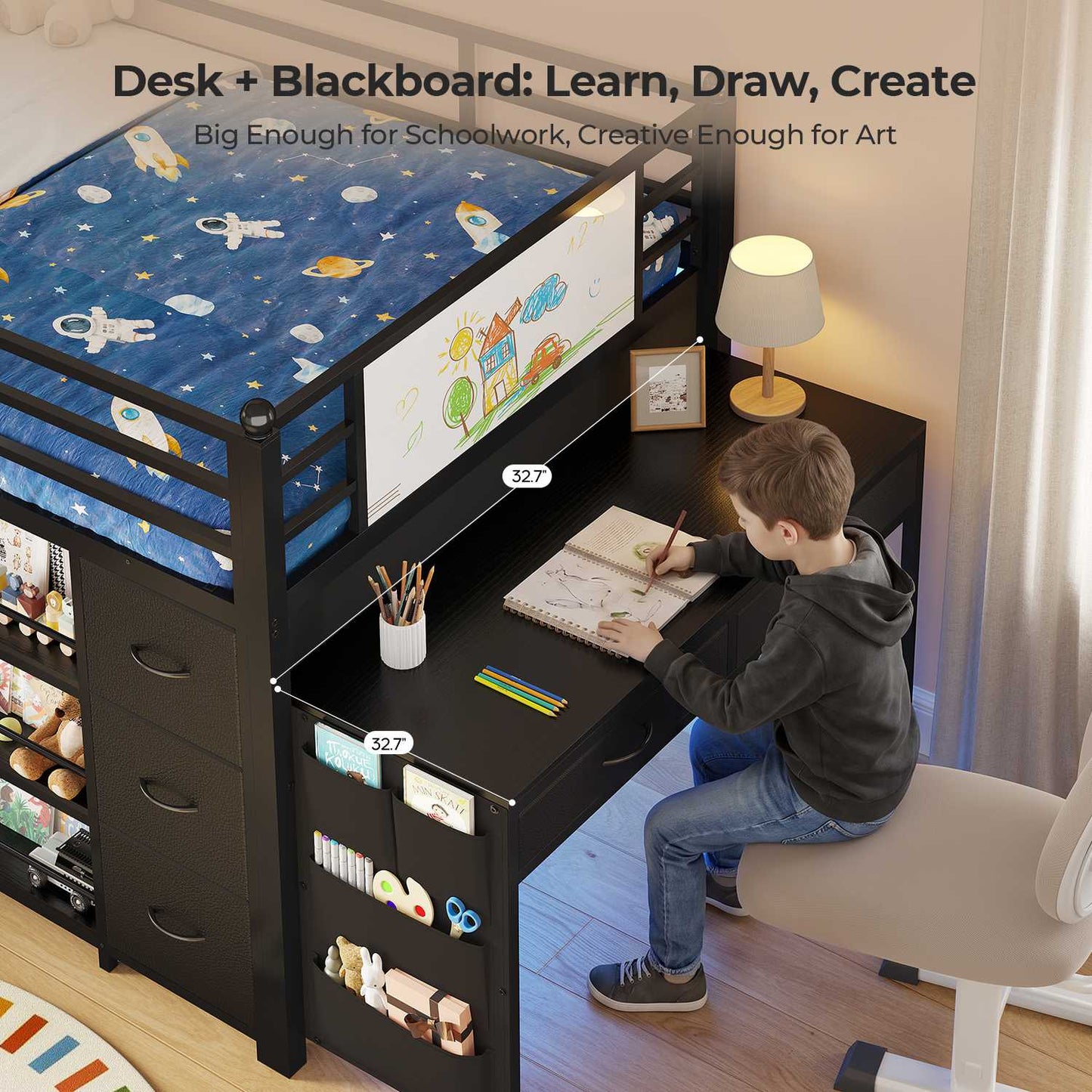 ADORNEVE Low Loft Bed with Desk and 5 Storage Drawers Twin Loft Bed with Bookshelf and Blackboard Kids LED Loft Beds with Safety Guardrail and Inclined Ladder Under-Bed Play Space