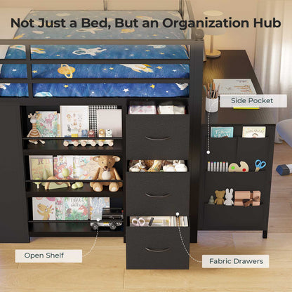 ADORNEVE Low Loft Bed with Desk and 5 Storage Drawers Twin Loft Bed with Bookshelf and Blackboard Kids LED Loft Beds with Safety Guardrail and Inclined Ladder Under-Bed Play Space