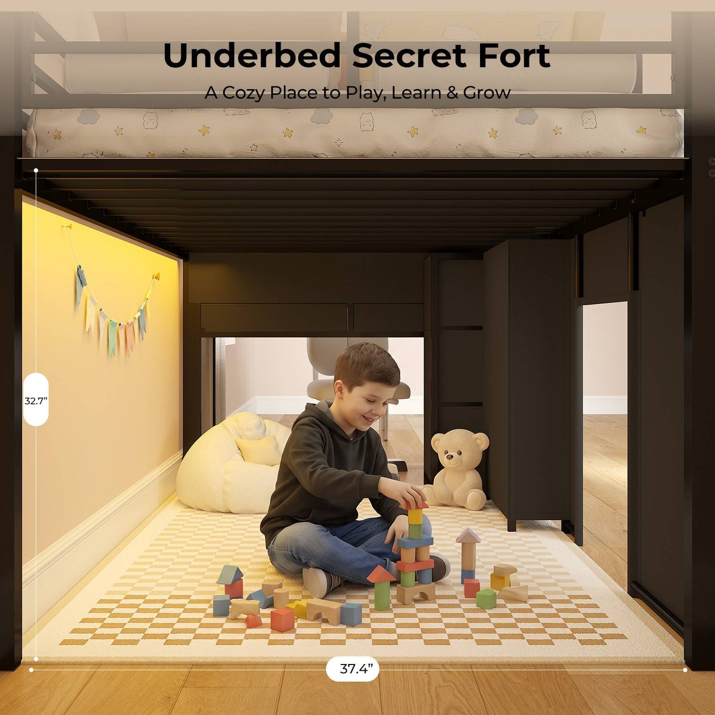 ADORNEVE Low Loft Bed with Desk and 5 Storage Drawers Twin Loft Bed with Bookshelf and Blackboard Kids LED Loft Beds with Safety Guardrail and Inclined Ladder Under-Bed Play Space