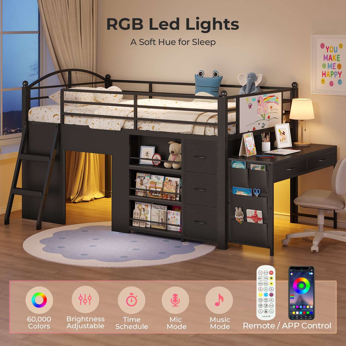 ADORNEVE Low Loft Bed with Desk and 5 Storage Drawers Twin Loft Bed with Bookshelf and Blackboard Kids LED Loft Beds with Safety Guardrail and Inclined Ladder Under-Bed Play Space