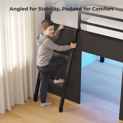 ADORNEVE Low Loft Bed with Desk and 5 Storage Drawers Twin Loft Bed with Bookshelf and Blackboard Kids LED Loft Beds with Safety Guardrail and Inclined Ladder Under-Bed Play Space