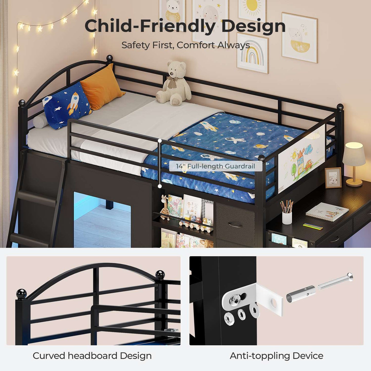 ADORNEVE Low Loft Bed with Desk and 5 Storage Drawers Twin Loft Bed with Bookshelf and Blackboard Kids LED Loft Beds with Safety Guardrail and Inclined Ladder Under-Bed Play Space