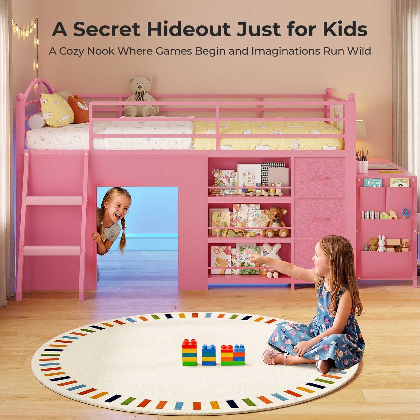 ADORNEVE Low Loft Bed with Desk and 5 Storage Drawers Twin Loft Bed with Bookshelf and Blackboard Kids LED Loft Beds with Safety Guardrail and Inclined Ladder Under-Bed Play Space
