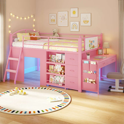 ADORNEVE Low Loft Bed with Desk and 5 Storage Drawers Twin Loft Bed with Bookshelf and Blackboard Kids LED Loft Beds with Safety Guardrail and Inclined Ladder Under-Bed Play Space