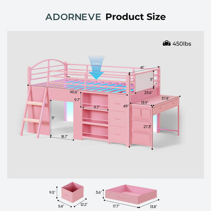 ADORNEVE Low Loft Bed with Desk and 5 Storage Drawers Twin Loft Bed with Bookshelf and Blackboard Kids LED Loft Beds with Safety Guardrail and Inclined Ladder Under-Bed Play Space