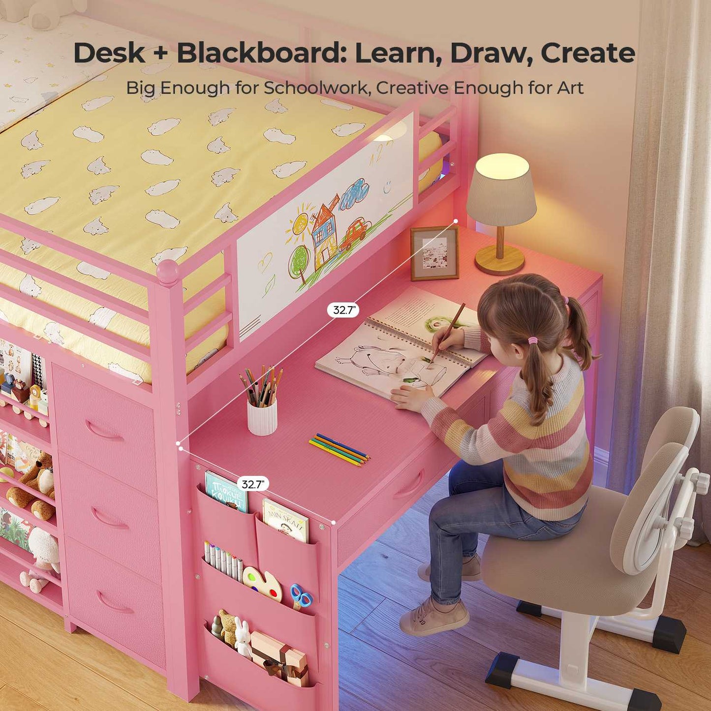 ADORNEVE Low Loft Bed with Desk and 5 Storage Drawers Twin Loft Bed with Bookshelf and Blackboard Kids LED Loft Beds with Safety Guardrail and Inclined Ladder Under-Bed Play Space