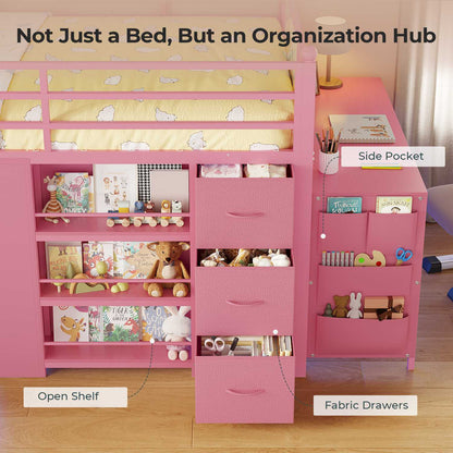 ADORNEVE Low Loft Bed with Desk and 5 Storage Drawers Twin Loft Bed with Bookshelf and Blackboard Kids LED Loft Beds with Safety Guardrail and Inclined Ladder Under-Bed Play Space