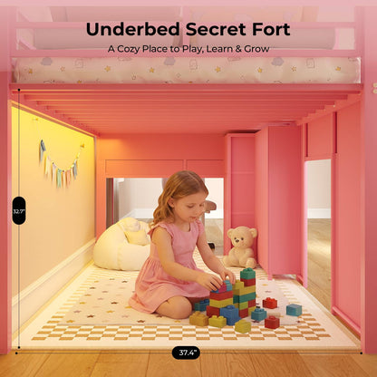 ADORNEVE Low Loft Bed with Desk and 5 Storage Drawers Twin Loft Bed with Bookshelf and Blackboard Kids LED Loft Beds with Safety Guardrail and Inclined Ladder Under-Bed Play Space
