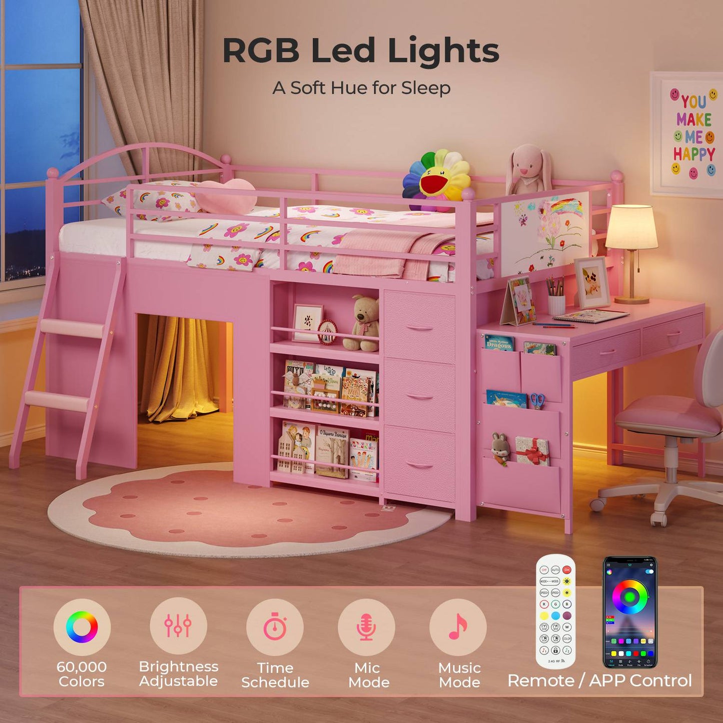 ADORNEVE Low Loft Bed with Desk and 5 Storage Drawers Twin Loft Bed with Bookshelf and Blackboard Kids LED Loft Beds with Safety Guardrail and Inclined Ladder Under-Bed Play Space