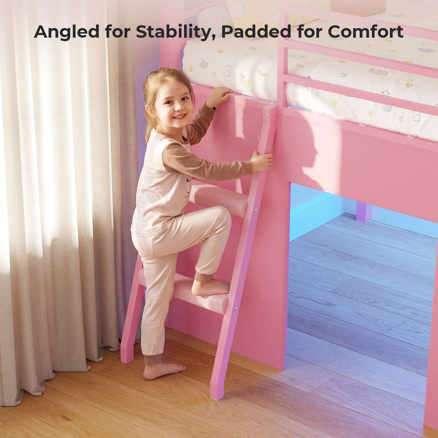ADORNEVE Low Loft Bed with Desk and 5 Storage Drawers Twin Loft Bed with Bookshelf and Blackboard Kids LED Loft Beds with Safety Guardrail and Inclined Ladder Under-Bed Play Space