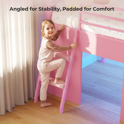 ADORNEVE Low Loft Bed with Desk and 5 Storage Drawers Twin Loft Bed with Bookshelf and Blackboard Kids LED Loft Beds with Safety Guardrail and Inclined Ladder Under-Bed Play Space