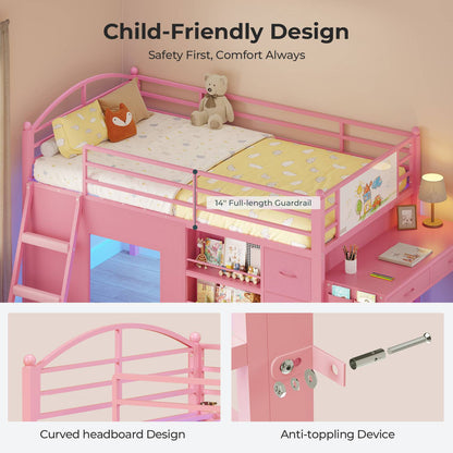 ADORNEVE Low Loft Bed with Desk and 5 Storage Drawers Twin Loft Bed with Bookshelf and Blackboard Kids LED Loft Beds with Safety Guardrail and Inclined Ladder Under-Bed Play Space
