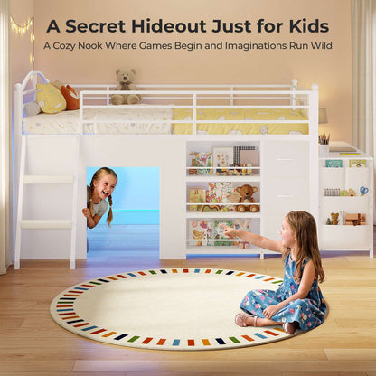 ADORNEVE Low Loft Bed with Desk and 5 Storage Drawers Twin Loft Bed with Bookshelf and Blackboard Kids LED Loft Beds with Safety Guardrail and Inclined Ladder Under-Bed Play Space