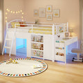 ADORNEVE Low Loft Bed with Desk and 5 Storage Drawers Twin Loft Bed with Bookshelf and Blackboard Kids LED Loft Beds with Safety Guardrail and Inclined Ladder Under-Bed Play Space